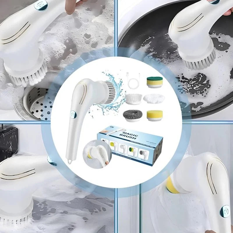 Electric Cleaning Brush – 5-in-1 Rotating Scrubber for Kitchen, Bathroom &amp; Tiles