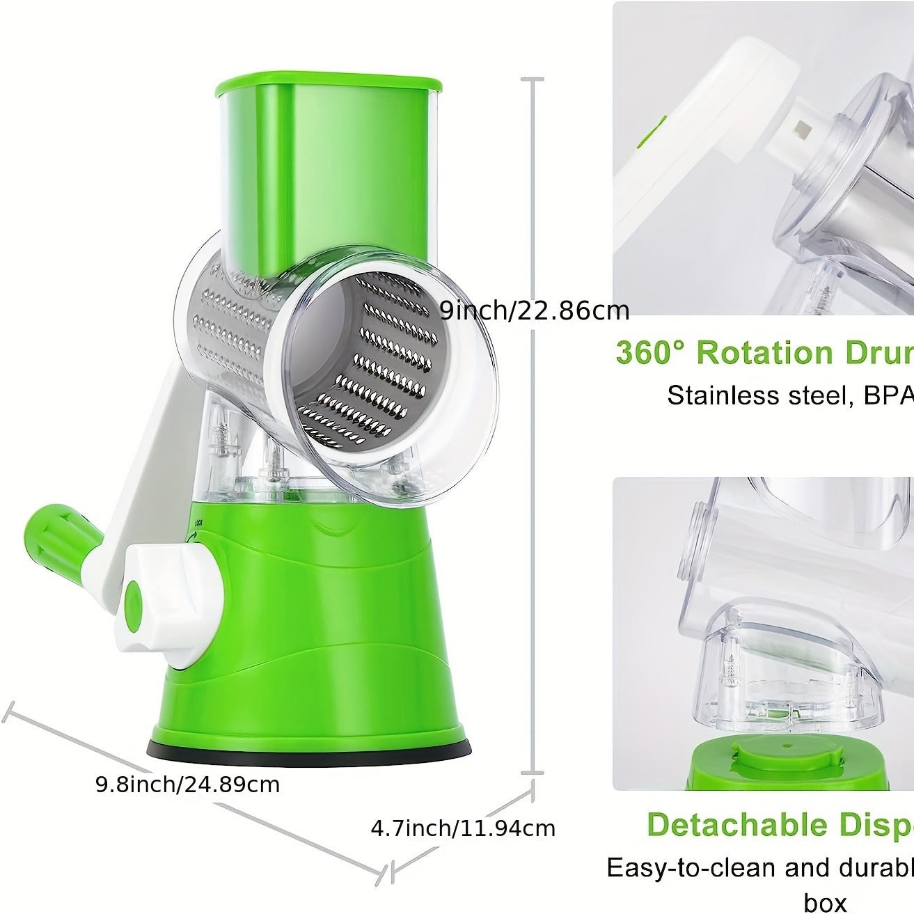 3-in-1 Manual Rotary Vegetable Cutter & Drum Grater – Cut all vegies in seconds