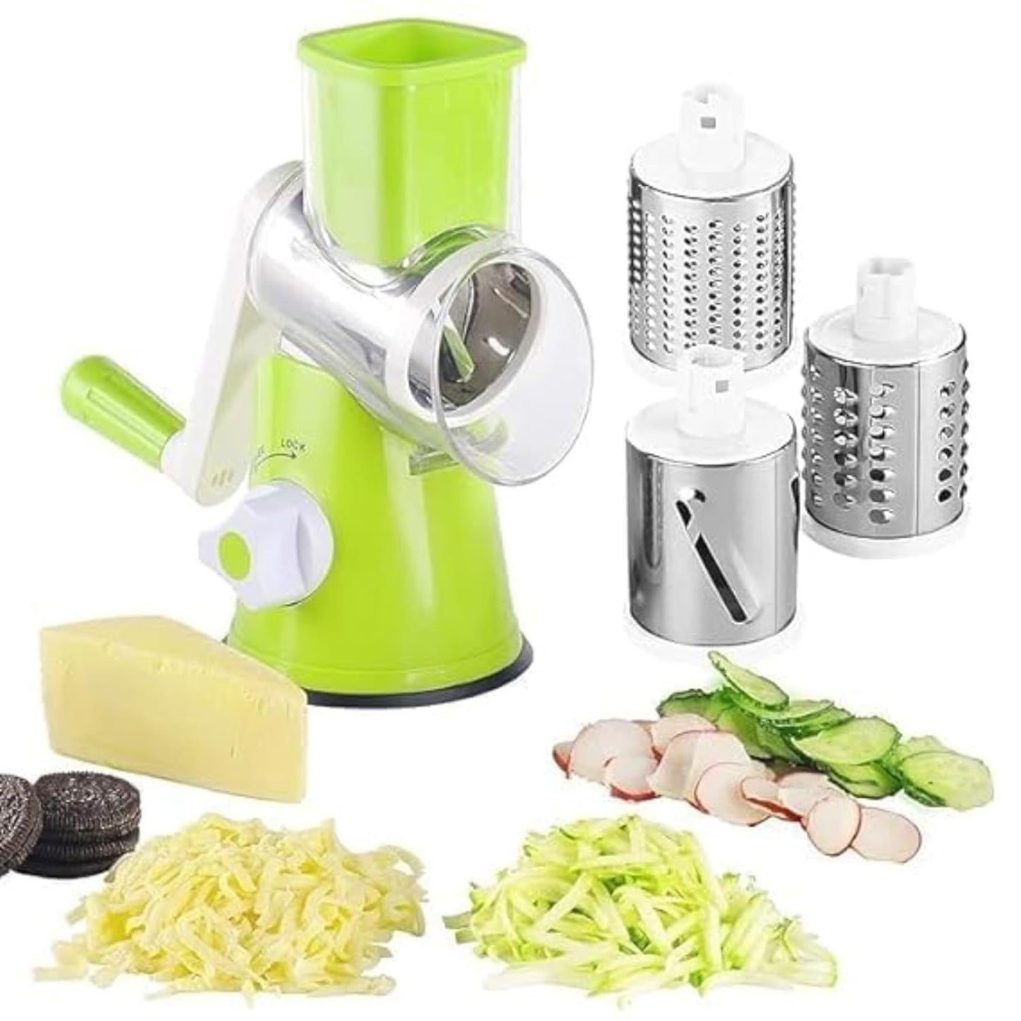 3-in-1 Manual Rotary Vegetable Cutter & Drum Grater – Cut all vegies in seconds